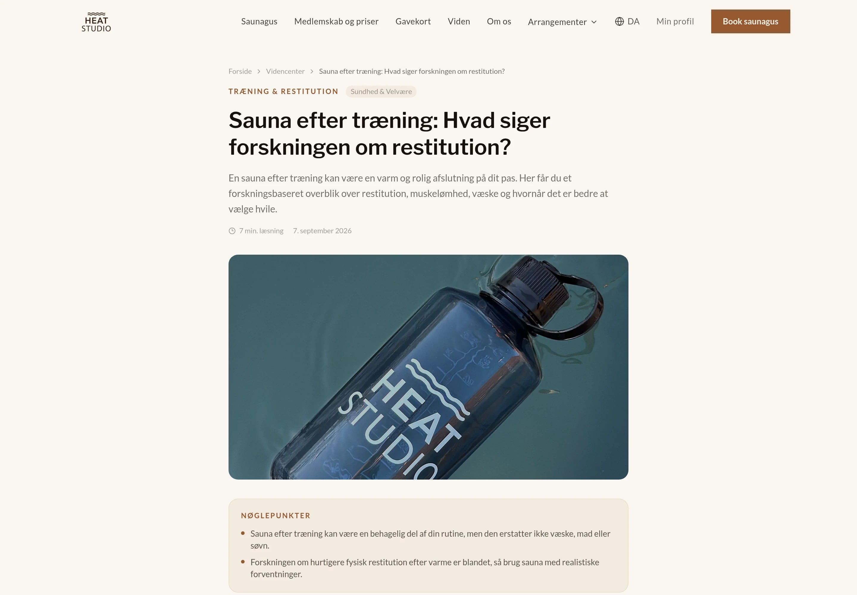 Screenshot af den publicerede artikel om sauna efter træning hos Heat Studio