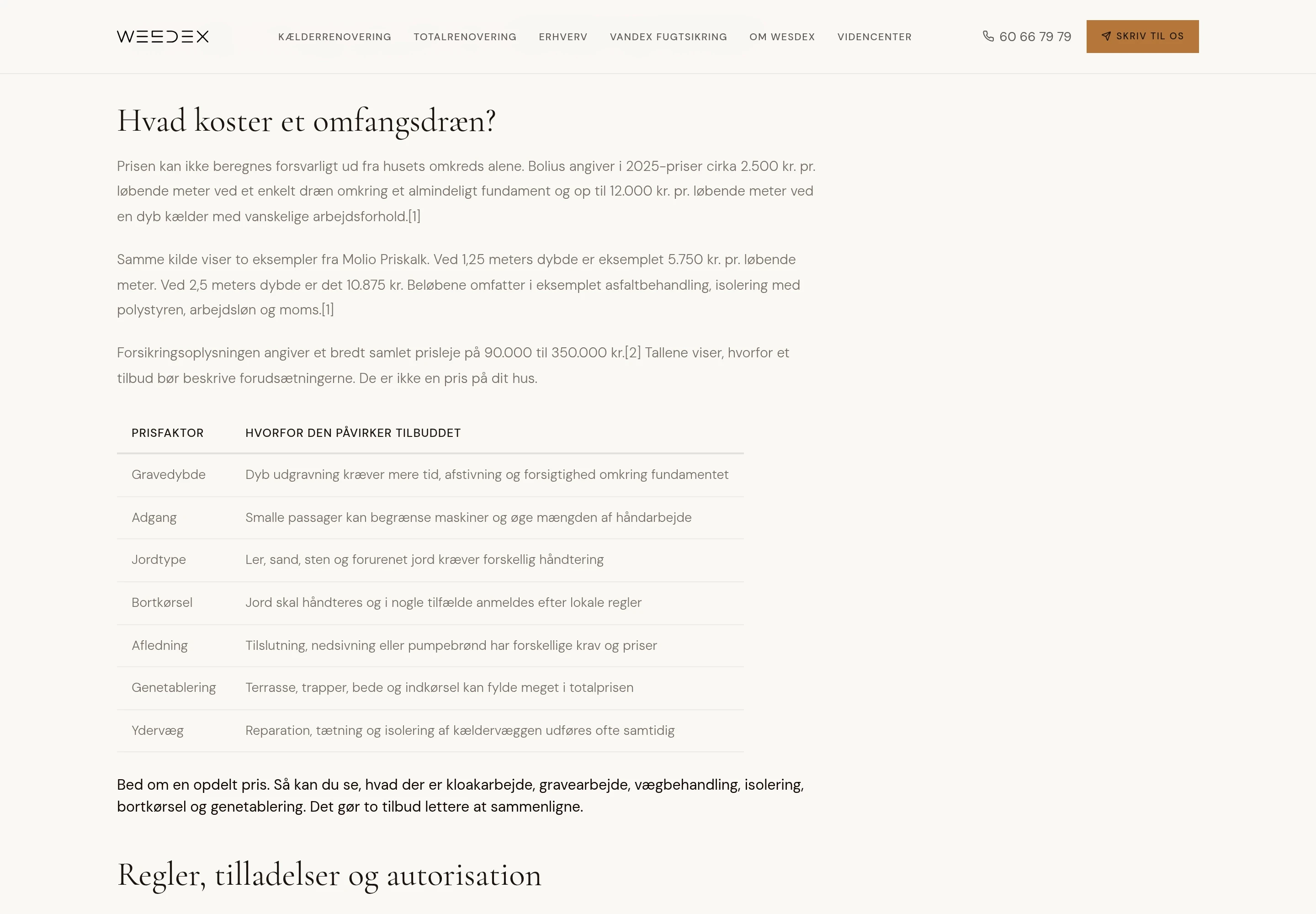 Udsnit af Wesdexs artikel med prisfaktorer i en tabel