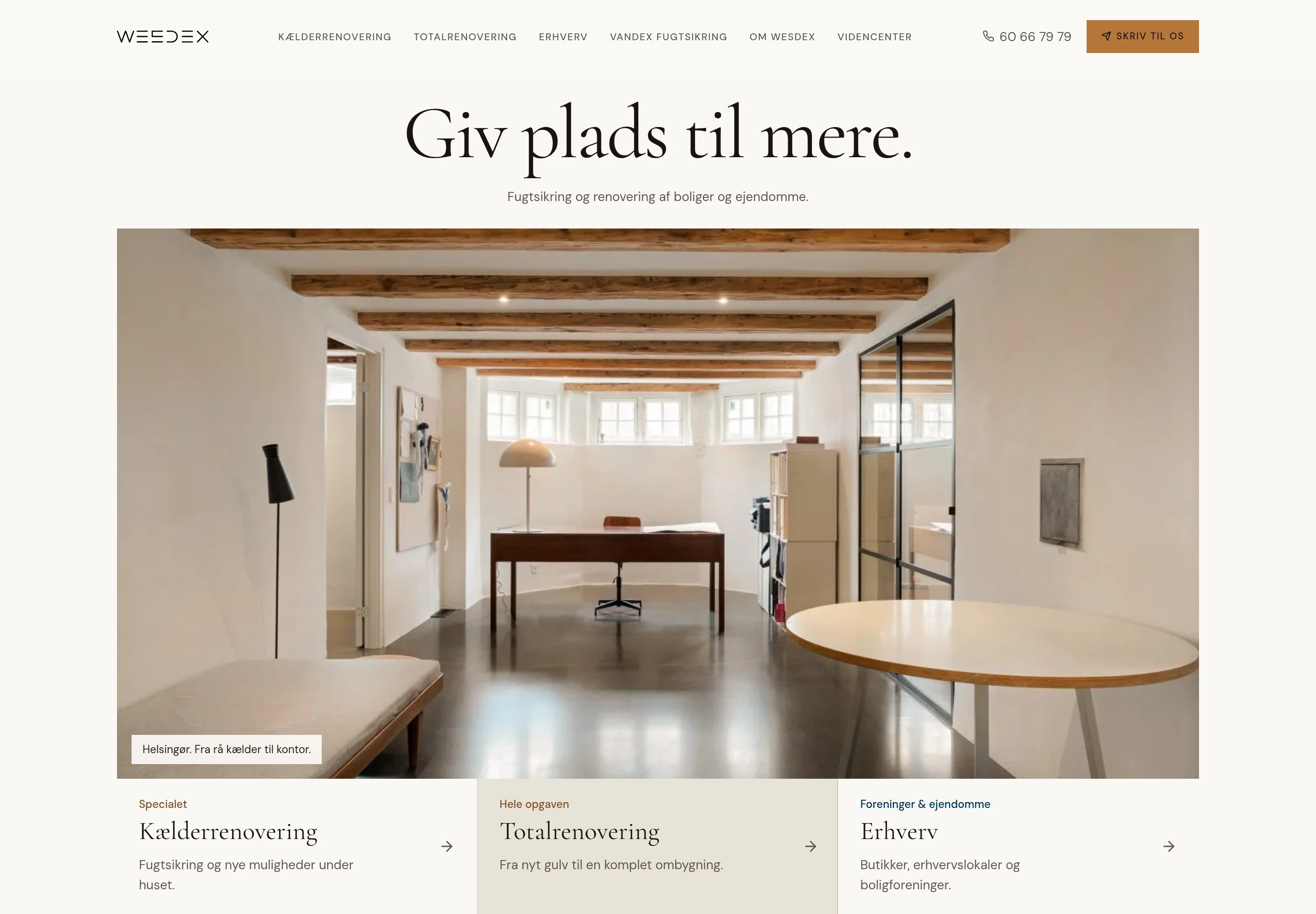 Wesdex’ hjemmeside med teksten Giv plads til mere og et lyst renoveret kælderrum.